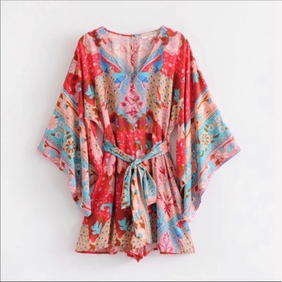 Boho Gypsy Ruby Floral Lotus Print Kimono Romper - Picture 5 of 7